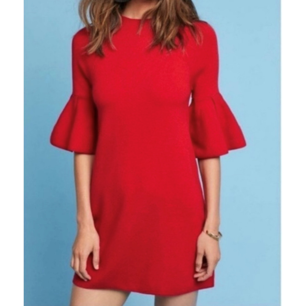 Anthropologie moth Chester Bell Sleeve Red Mid Length Dress Size Medium -